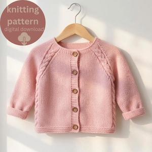May include: A light pink long-sleeve knit cardigan featuring a round neckline, five brown buttons, and cable knit detailing along the raglan sleeves. The garment is displayed on a wooden hanger. Text in the image reads: knitting pattern digital download.