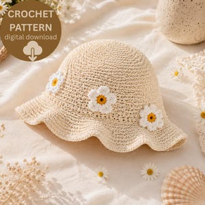 Patrón de gorro de pescador a crochet en PDF, patrón de gorro de sol con flores de margarita a crochet, tallas para niños y adultos de 4 años en adelante, gorro de playa de verano fácil de usar