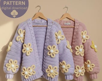 Crochet Flower Cardigan Pattern PDF, Daisy Cardigan Pattern, Chunky Granny Square Sweater, Women’s Crochet Jacket, Instant Download