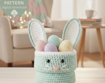 Haakpatroon konijnenmand pdf met paaseieren – patroon paasmandje amigurumi, doe-het-zelf lentedecor, direct downloaden