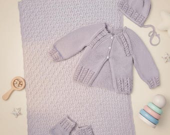 Baby Knitting Pattern PDF – Baby Cardigan Hat Blanket & Booties Set – Easy Knit Baby Outfit – English Pattern