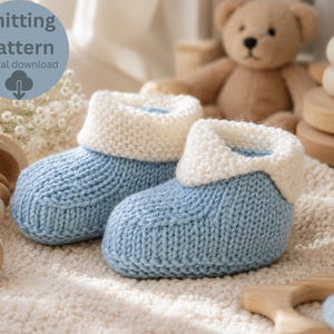 May include: A pair of light blue knitted baby booties with a folded white cuff. The text in the upper left corner reads knitting pattern digital download. The booties feature a textured knit stitch and a rounded toe design for a soft appearance.