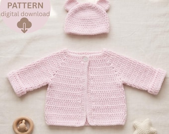 Conjunto de crochê para bebê: casaquinho e gorro de urso, conjunto de ursinho de pelúcia, padrão de suéter de crochê para recém-nascido, download instantâneo em PDF.
