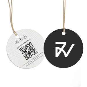 May include: Two round tags with string, one black with a white logo and the other light-colored with a wood grain pattern. The light tag has a QR code, social media icons, and the text "@YOURSHOPNAME".