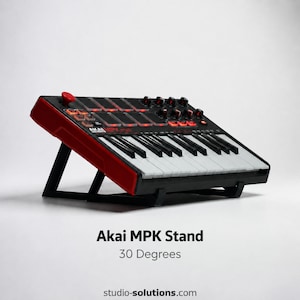 May include: A red and black Akai MPK stand angled at 30 degrees. It holds a keyboard with black and white keys, red pads, and knobs. The text "Akai MPK Stand" and "30 Degrees" are displayed on the stand.
