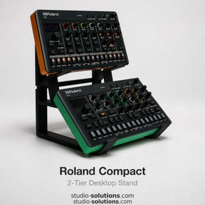 May include: A black 2-tier desktop stand holding two Roland Compact synthesizers. The top synthesizer has an orange frame, while the bottom one has a green frame. The stand is black, and the text "Roland Compact 2-Tier Desktop Stand" is visible.
