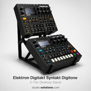 May include: A black 2-tier desktop stand displaying two Elektron Digitakt and Digitone synthesisers. The stand features the text "Elektron Digitakt Syntakt Digitone" and "2-Tier Desktop Stand". The website address is also visible at the bottom of the image.