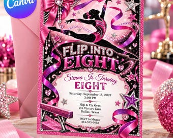 体操8歳の誕生日招待状、ピンクのグリッター体操選手パーティー招待状、Flip Into Eight Canvaテンプレート