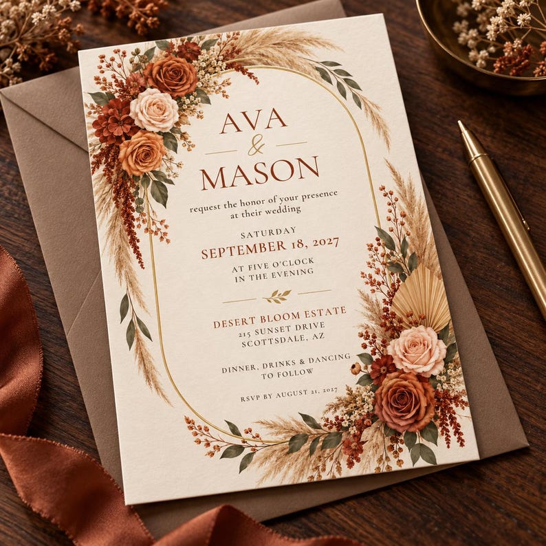 Invitation de mariage florale en terre cuite, invitation de mariage Invitation de mariage florale en terre c
uite, invitation de mariage