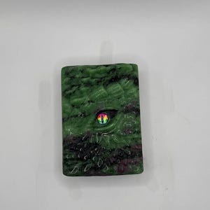 May include: A rectangular, green stone with a textured surface and a reptilian eye design. The eye features a rainbow-colored iris, set against a backdrop of dark green and red hues. The stone's surface has a scale-like pattern.