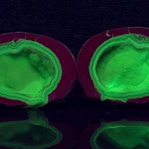 May include: Two halves of a circular mineral specimen displaying concentric banding. The outer layer is a deep maroon, while the interior features vibrant, glowing neon green layers surrounding a bright, luminous lime green center.