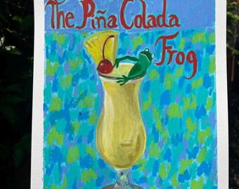 The Pina Colada Frog - Original Oil Pastel & Gouache Painting Bar/Restaurant Art