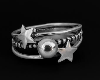 Plata Ley 925 Anillo Ajustable Estrella - Diseño Abierto, Regalo Para Mujeres Y Niñas Regalo Cumpleaños Ajustable