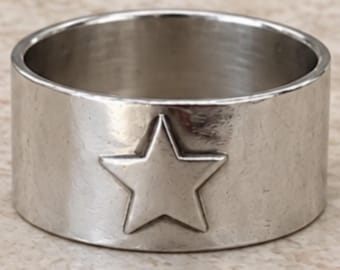Sterling Silver Wide Star Ring, Rustic Handmade Band, Unisex Celestial Jewelry