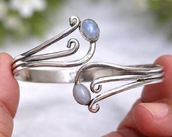 Mondstein Sterling Silber Armreif | Handgemachter Boho Wire Wrap Armreif | Verstellbares Silberarmband | Geschenk für Sie