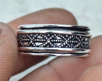 925 Sterling Silver Wide Band Ring, Oxidized Engraved Pattern, Boho Artisan Jewelry