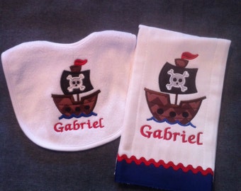 Little Boys Pirate Applique Bib and Burp Cloth Set.