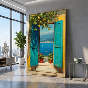 Lienzo impreso con vista al mar Mediterráneo, ventana abierta, limonero, arte costero.