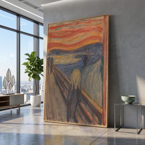 May include: Large framed print of Edvard Munch's "The Scream" artwork. The painting depicts a figure with an open mouth against a swirling, colourful background of orange, red, and blue. The artwork is displayed in a modern interior setting.