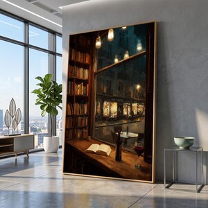 May include: A vertical rectangular wall art print depicting a cozy indoor scene with a wooden bookshelf filled with books, an open book, a dark bottle, and a glass of red wine resting on a wooden ledge overlooking a street cafe at night.