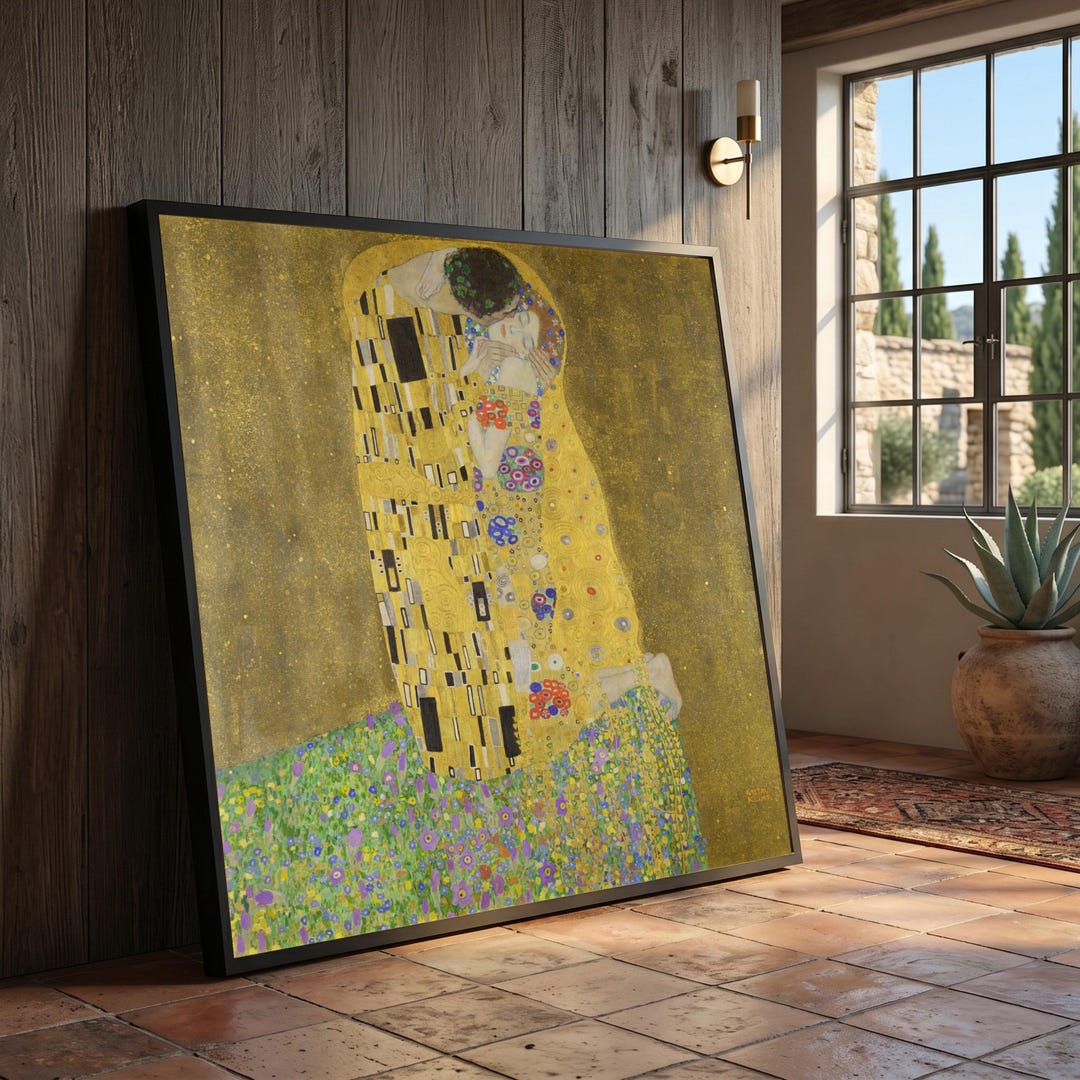 Gustav Klimt the Kiss Canvas Print, Romantic Floral Wall Art, Golden ...