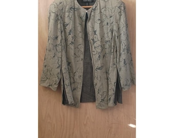 Linda Allard Ellen Tracy Floral Linen Blend Layered Open Jacket Grey Green 16