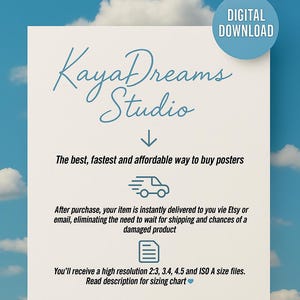 K&ouml;nnte beinhalten: Ein rechteckiges wei&szlig;es Hinweisschild mit blauem Text und Symbolen. Es enth&auml;lt den Text KayaDreams Studio, Digital Download sowie Details zum Erhalt von hochaufl&ouml;senden 2:3, 3:4, 4:5 und ISO A-Dateien nach dem Kauf.