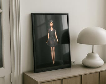 Barbiecore Fashion Kunstdruck | Vintage Barbie Digitalposter | Modische Kunst für die Beauty-Zimmer-Dekoration | Elegantes Wandbild zum Thema schwarzes Kleid