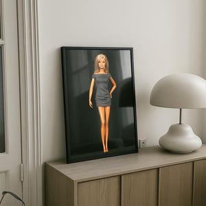 Puede incluir: Una impresión enmarcada de una muñeca con un vestido gris con hombros descubiertos. La muñeca tiene el pelo rubio y posa sobre un fondo oscuro. La impresión enmarcada se exhibe en un mueble de madera clara, junto a una lámpara blanca.