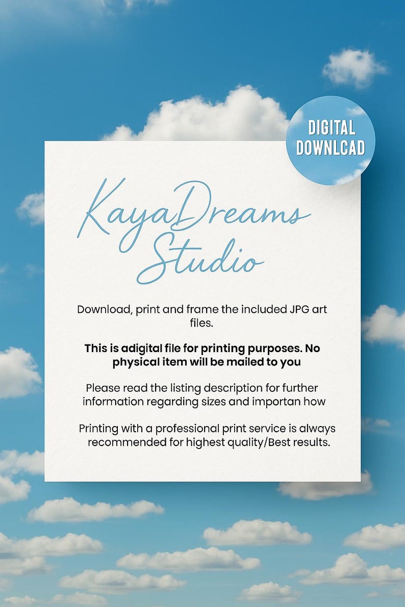 K&ouml;nnte beinhalten: Eine wei&szlig;e quadratische Karte mit blauem Text, der KayaDreams Studio und Digital Downlcad lautet. Der Text erkl&auml;rt, dass es sich um eine digitale Datei zum Drucken handelt, kein physischer Artikel versendet wird und professioneller Druck empfohlen wird.