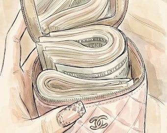Luxury Fashion Wallet Art Print Chic Money Illustration Elegant Feminine Wall Art Digital Download