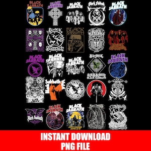 May include: A collection of twenty-five distinct Black Sabbath graphic designs arranged in a grid. Each square features unique band-related artwork, including skulls, crosses, demons, and band members, all accompanied by the Black Sabbath logo text.