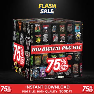 May include: A black box covered in band logos and album art. The text "100 DIGITAL PNG FILE" is visible, with "75% OFF" in a large, red font. The words "FLASH SALE" are at the top of the image.
