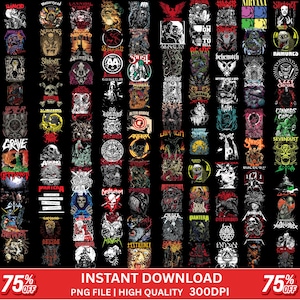 Könnte beinhalten: Eine Sammlung verschiedener Bandlogos und Grafiken, darunter Motorhead, Nirvana und Slipknot, auf schwarzem Hintergrund. Das Bild enthält den Text "INSTANT DOWNLOAD" und "75% OFF".