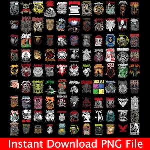 Puede incluir: Una colección de numerosos logotipos de bandas de heavy metal y rock dispuestos en una cuadrícula sobre un fondo negro. Los diseños presentan calaveras, demonios y nombres de bandas como Metallica, Pantera, Slipknot y Nirvana en varios colores.