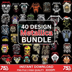Pode incluir: Um design gráfico preto com 40 designs do Metallica, incluindo caveiras e logotipos da banda. O texto central diz "40 DESIGN Metallica BUNDLE". A imagem também inclui o texto "INSTANT DOWNLOAD" e uma faixa com "75% OFF".
