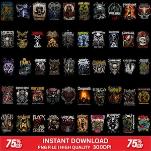 May include: A digital collection of fifty distinct heavy metal and rock band graphic designs arranged in a grid on a black background. Each square features detailed, high-contrast illustrations, band logos, and text elements in various colors.