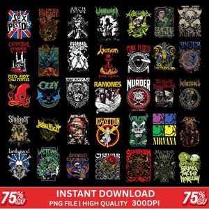 May include: A selection of rock and metal band logos and artwork, including Sex Pistols, Pink Floyd, and Nirvana. The designs are in various colours and styles, set against a black background.