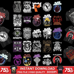 May include: A selection of black t-shirts showcasing diverse Black Sabbath band logos and graphics. The designs incorporate illustrations, band member portraits, and the band's name in various fonts and colours. The image also includes text that says "INSTANT DOWNLOAD" and "75% OFF".