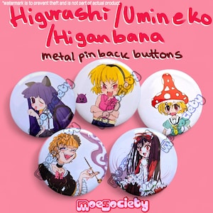 May include: Five circular metal pin back buttons featuring anime-style character illustrations. The designs include a purple-haired figure, a blonde character with a devil icon, a character in a mushroom hat, a person in a black dress, and a red-haired figure.