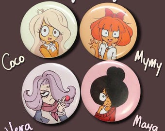 Ongezellig pinback buttons | Mymy, Coco, Maya, Vera | 2.25 inch & 1.25 inch