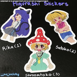 May include: Three anime-style stickers featuring characters labeled Rika (1), Satoko (2), and Shroomtoko (3). Rika has long purple hair and cat ears. Satoko has short blonde hair. Shroomtoko wears a red mushroom cap with white spots and a green dress.