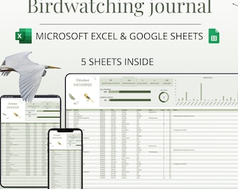 Plantilla de cuaderno de observación de aves: Seguimiento en Excel y Hojas de cálculo de Google (Descarga digital)