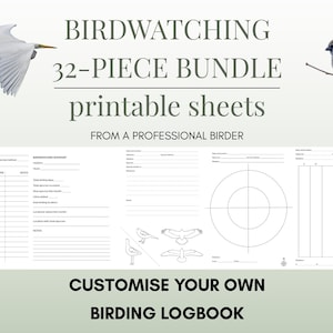 Könnte beinhalten: Ein Bundle von 32 druckbaren Vogelbeobachtungsbögen. Das Bild zeigt einen weißen Vogel im Flug und einen kleinen Vogel auf einem Ast. Der Text enthält "Birdwatching 32-Piece Bundle printable sheets" und "Gestalten Sie Ihr eigenes Vogelbeobachtungs-Logbuch."