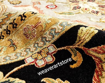 Persian Silk and Wool Area Rug – Hand-Knotted Beige & Black Elegant Floral Design