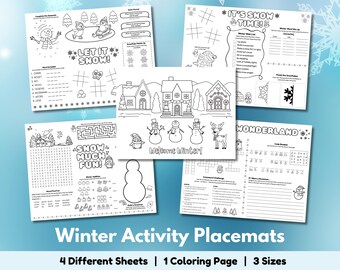 Manteles individuales imprimibles con actividades de invierno para niños, manteles individuales para colorear, hojas de actividades para niños, páginas de actividades para niños, actividades de mesa