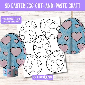 May include: A craft project featuring 3D Easter eggs. The eggs are decorated with pink hearts on a blue background. The image includes a sheet of eggs with heart outlines and the text "3D Easter Egg Cut-and-Paste Craft". Available in US Letter and A4.