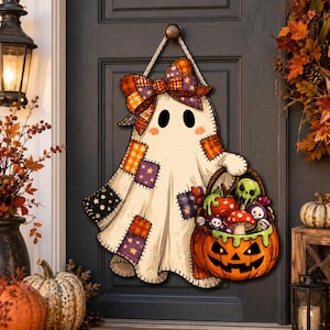 Lapptäcke spökdörrhängare, rustik Halloween-verandadekor, läskig pumpaskylt