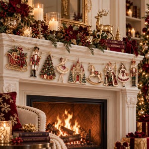 May include: A decorative Christmas garland featuring a series of hanging ornaments including a sleigh, a nutcracker, a Christmas tree, a ballerina, a castle, a rocking horse, a mouse king, a girl, and another nutcracker, all strung on a rope.