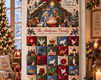 May include: A fabric wall-hanging advent calendar featuring a nativity scene at the top with the text For unto us a Child is born Isaiah 9:6 and The Anderson Family FAITH FAMILY CHRISTMAS ALWAYS. It has 25 numbered pockets with holiday icons.